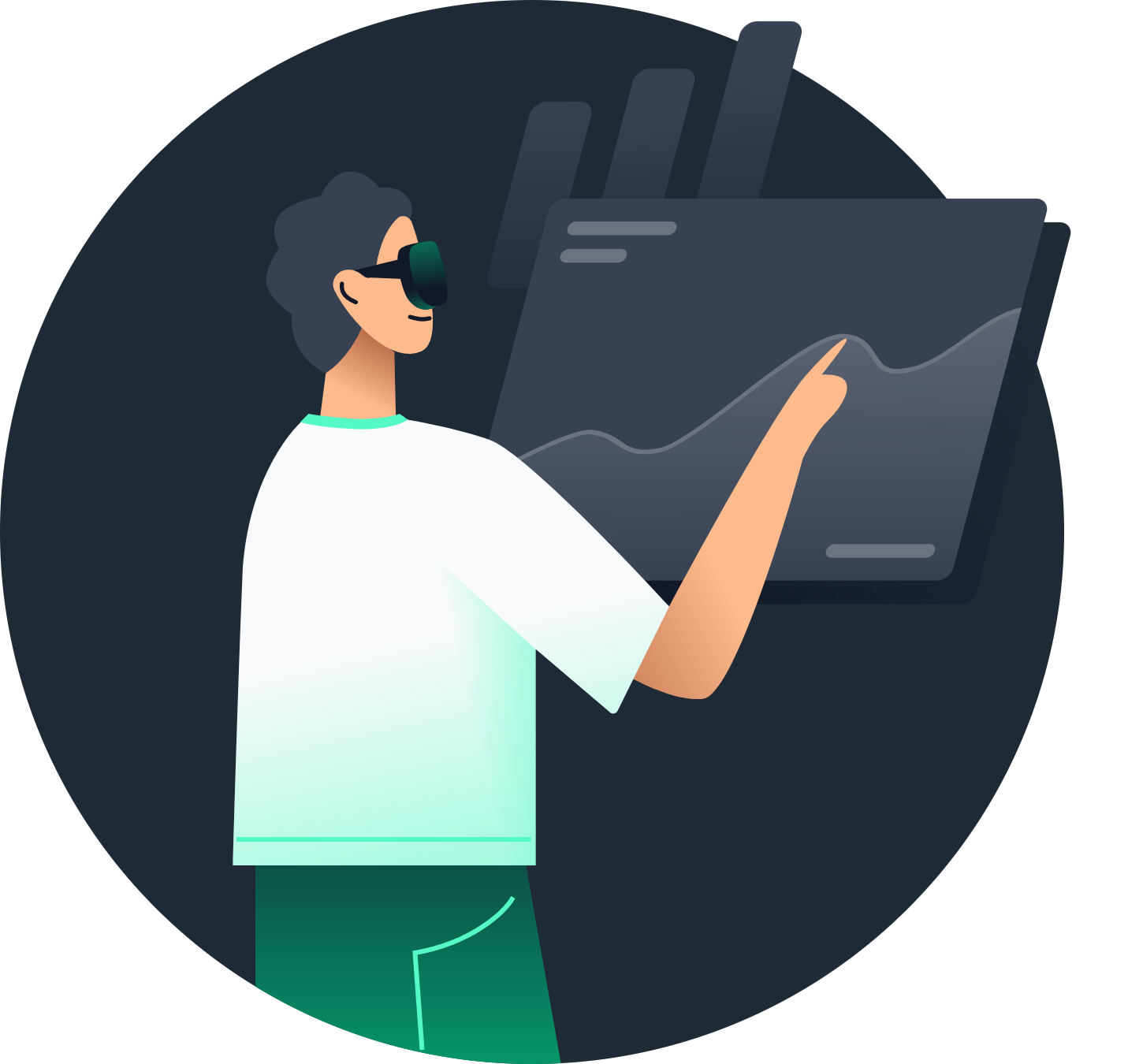A stylized, modern illustration of a man wearing a virtual reality (VR) headset, interacting with a digital dashboard featuring a rising line graph. The scene has a dark circular background with cool, minimalistic tones and gradients.